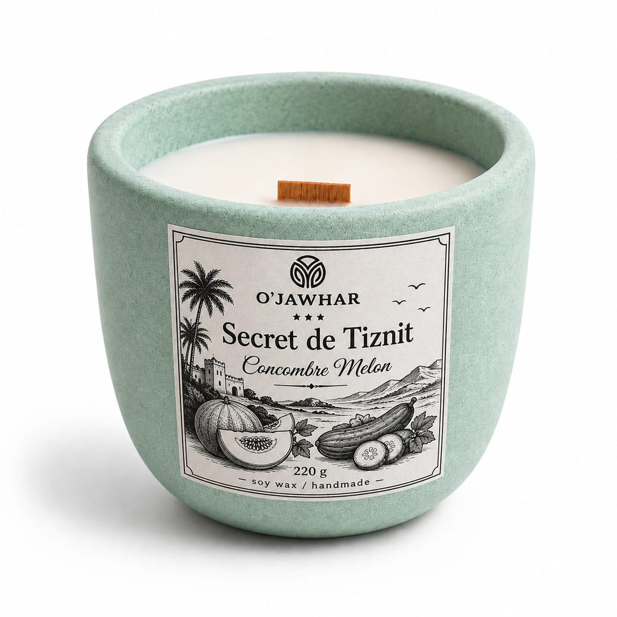 Bougie artisanale Secret de Tiznit Concombre Melon, pot béton vert menthe, cire de soja 220g, O'Jawhar