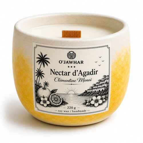 Bougie artisanale Nectar d'Agadir Clémentine Monoï, pot béton ivoire jaune, cire de soja 220g, O'Jawhar