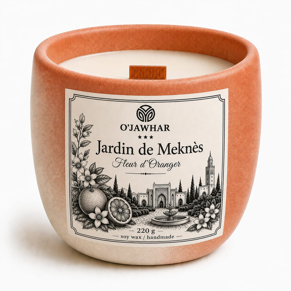 Bougie artisanale Jardin de Meknès Fleur d'Oranger, pot béton terracotta, cire de soja 220g, O'Jawhar