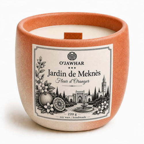 Bougie artisanale Jardin de Meknès Fleur d'Oranger, pot béton terracotta, cire de soja 220g, O'Jawhar