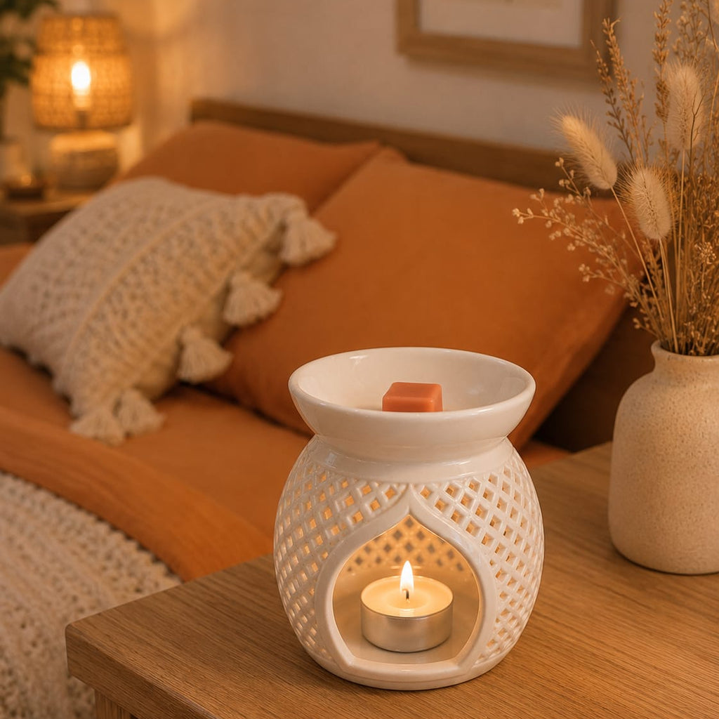 Fondant parfumé orange dans brûle-parfum ambiance chambre a coucher